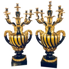 Pair of Monumental Italian Antique Ebony and Gilt Urn Sconces or Candelabras