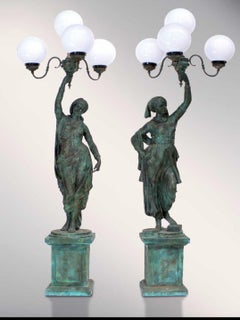 Pair of Monumental Italian Bronze Figural Torchère Lamps, 20th Century