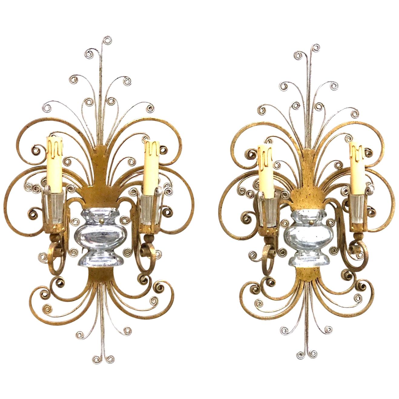 Pair monumental Italian Crystal Urn Motif Flower Wall Sconce by Banci Florence