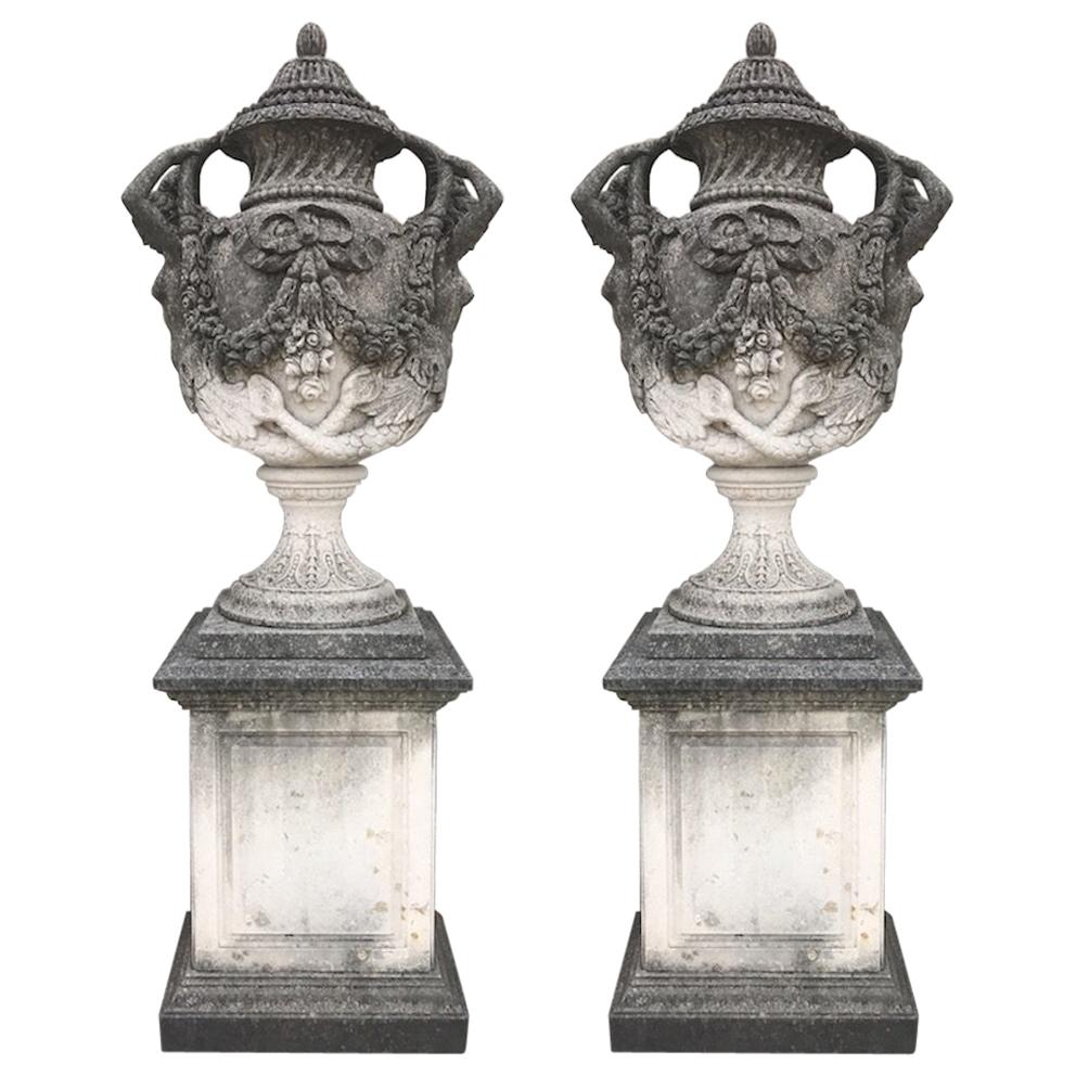 Pair of Monumental Italian Limestone Vases 18th Century Style