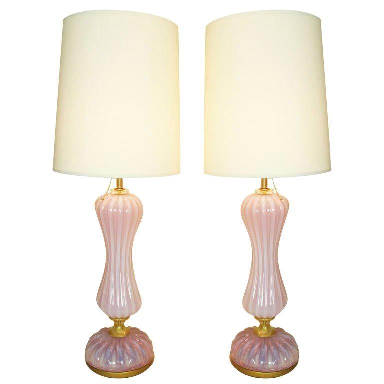 Pair of Monumental Italian Pink Murano Glass Lamps For Sale