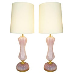 Pair of Monumental Italian Pink Murano Glass Lamps