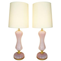 Pair of Monumental Italian Pink Murano Glass Lamps