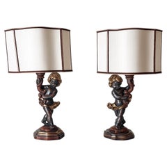 Pair of Monumental Italian Putti Table Lamps, Giltwood, 1970s