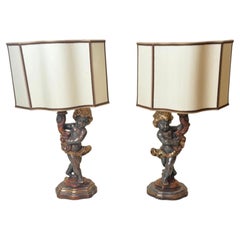 Pair of Monumental Italian Putti Table Lamps, Giltwood, 1970s