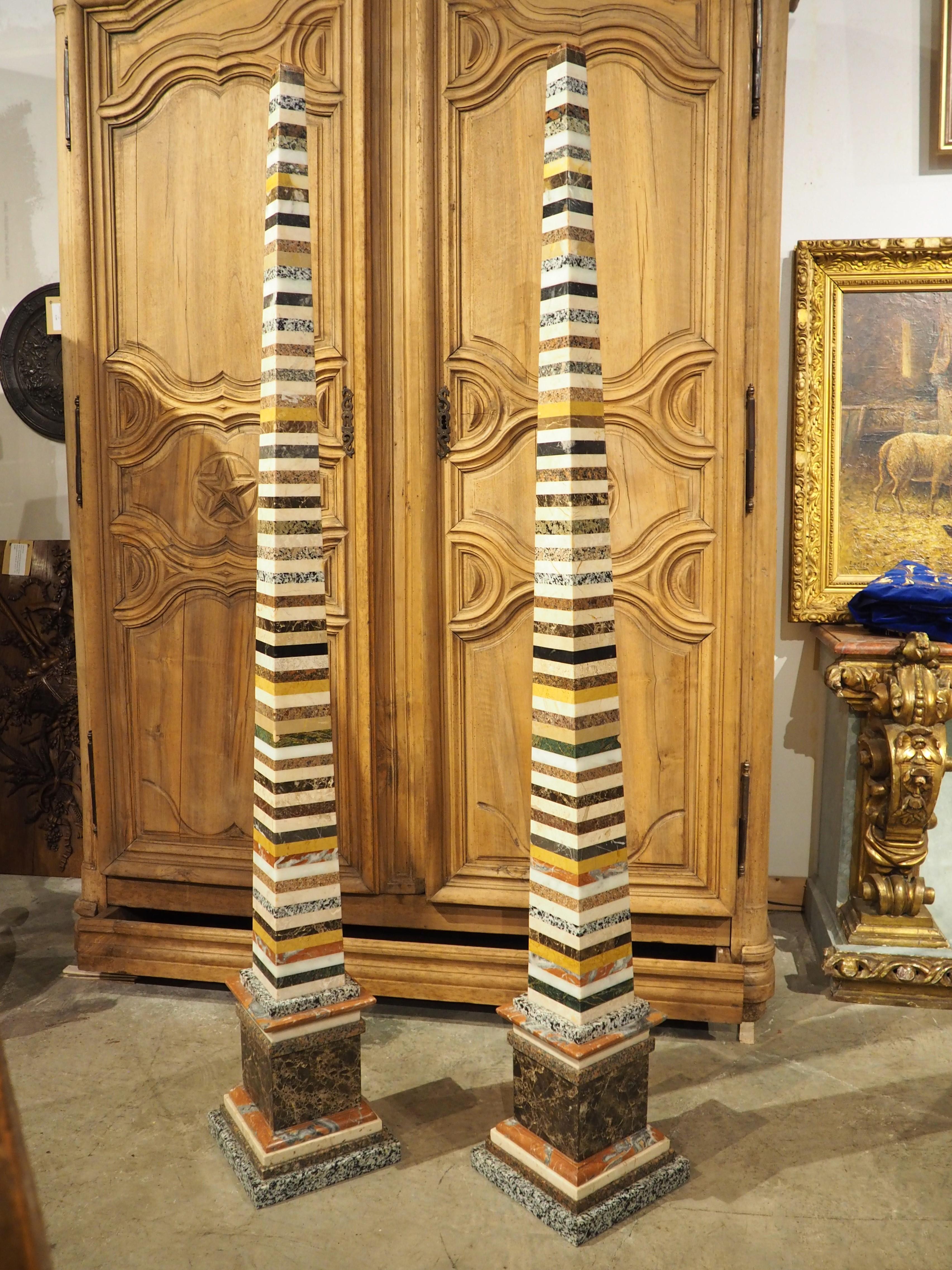Pair of Monumental Italian Specimen Marble Obelisks, Circa 1950s, H-69.75 inches 7