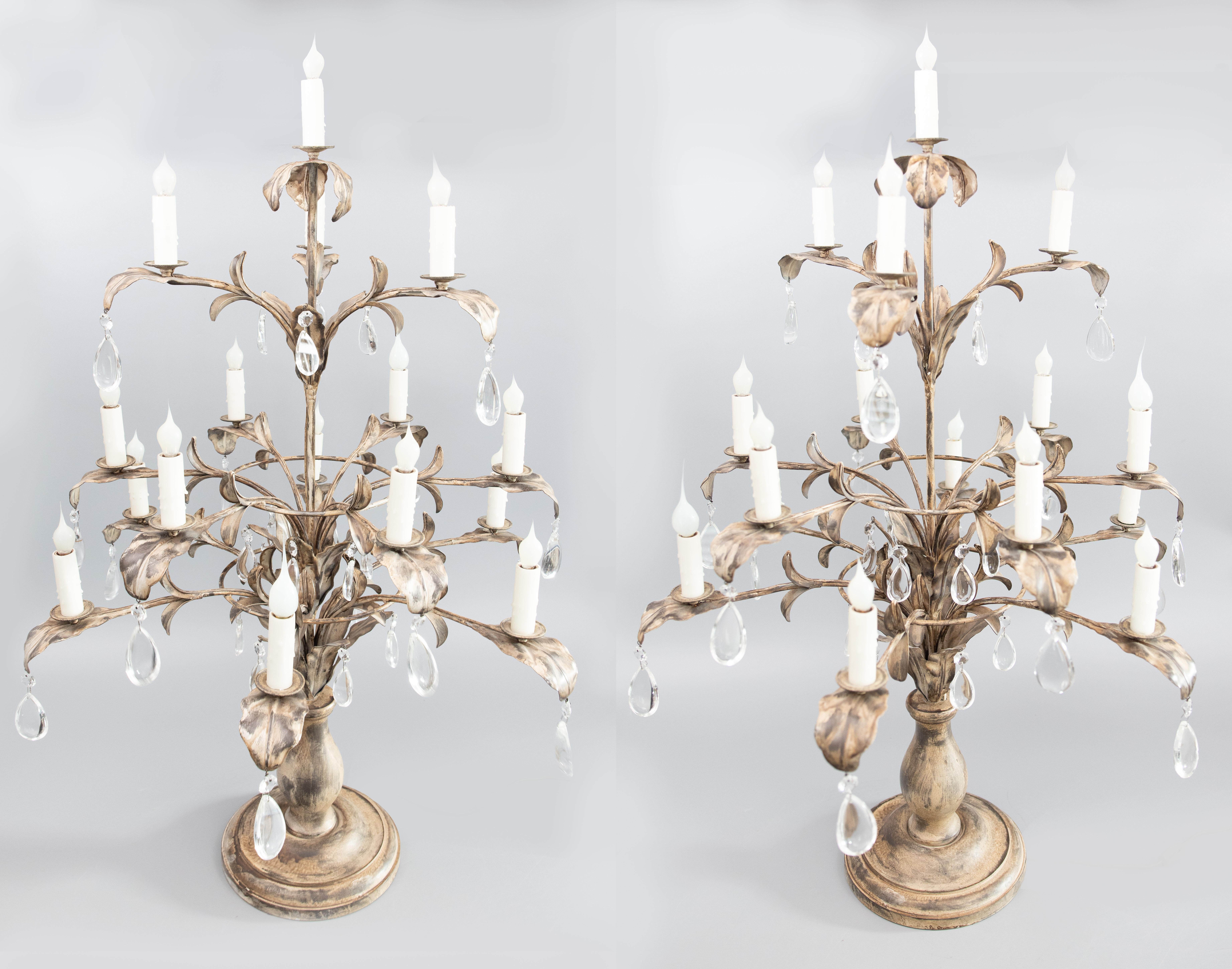 Pair of Monumental Italian Style Painted Wood and Tole Candelabras For Sale 1