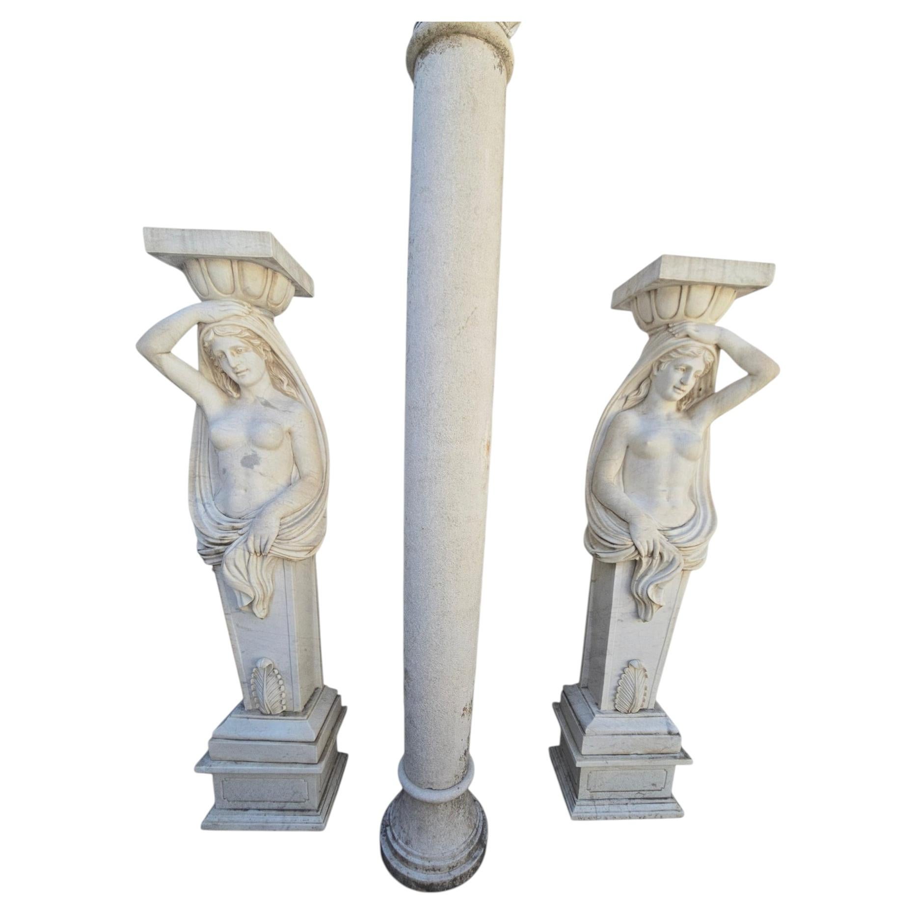 Pair of Monumental Italian White Marble Female Sculptures, 20th Century