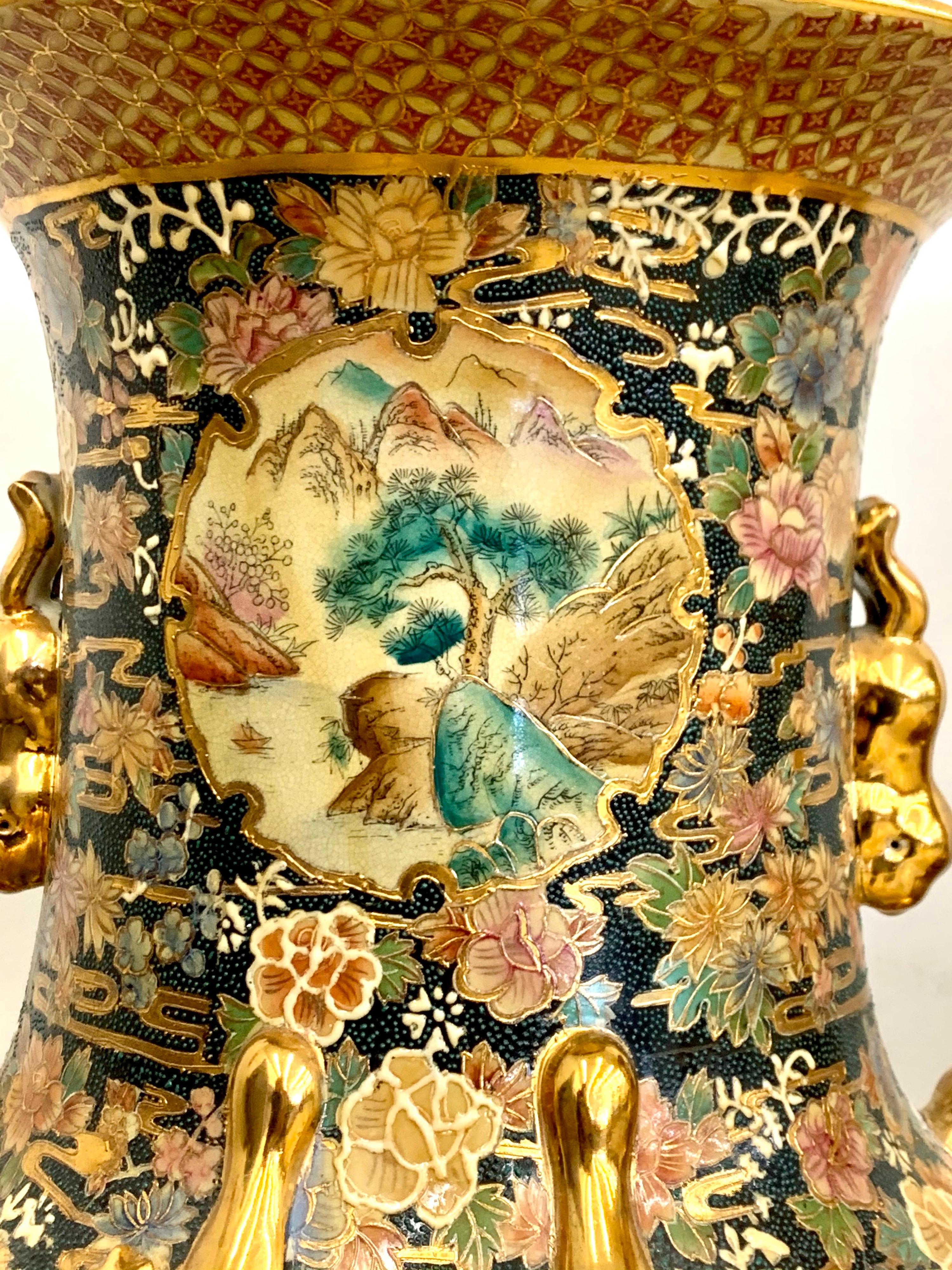Pair of Monumental Japanese Satsuma Hand Painted Vases Urns 5