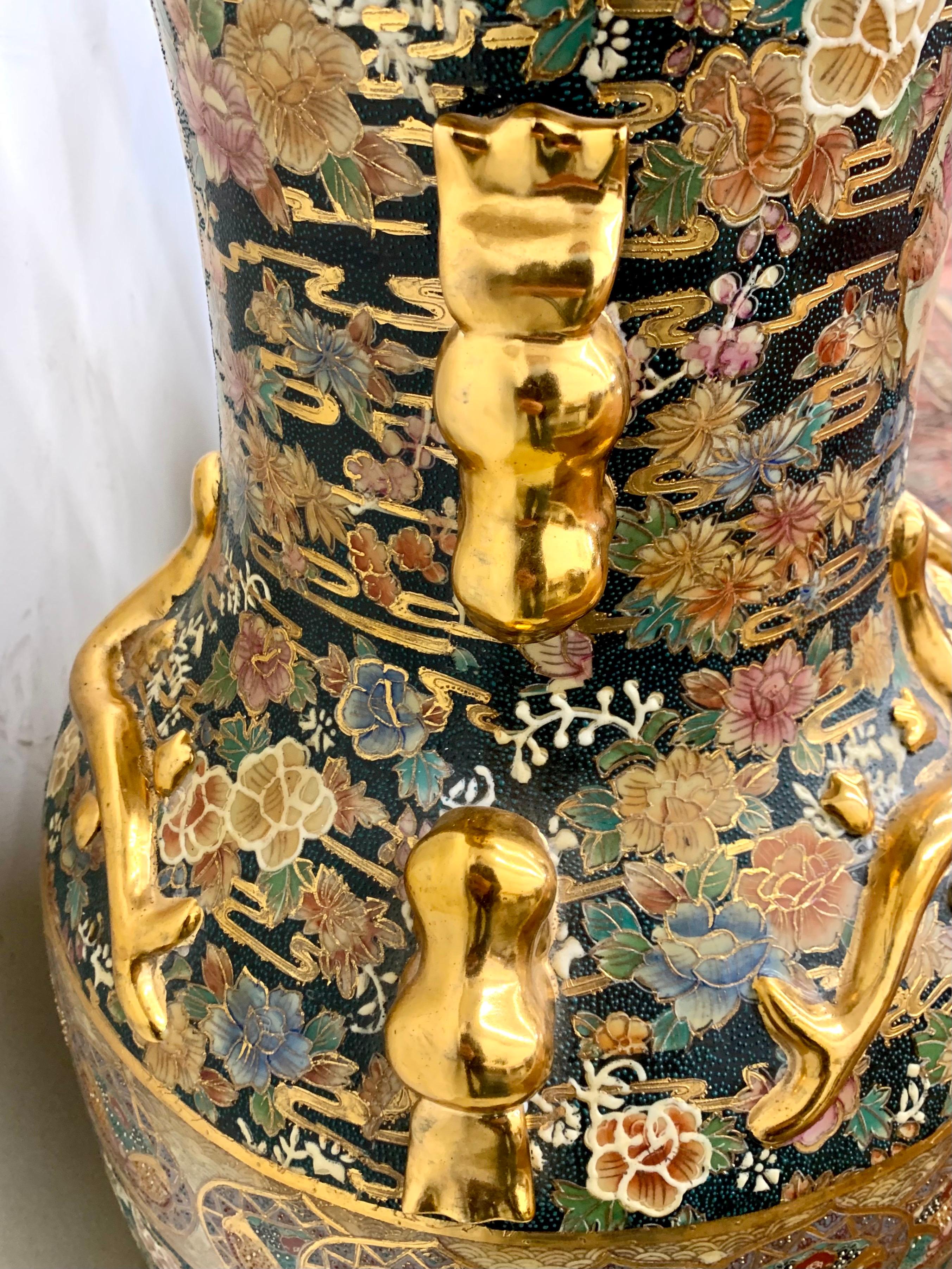 20th Century Pair of Monumental Japanese Satsuma Hand Painted Vases Urns