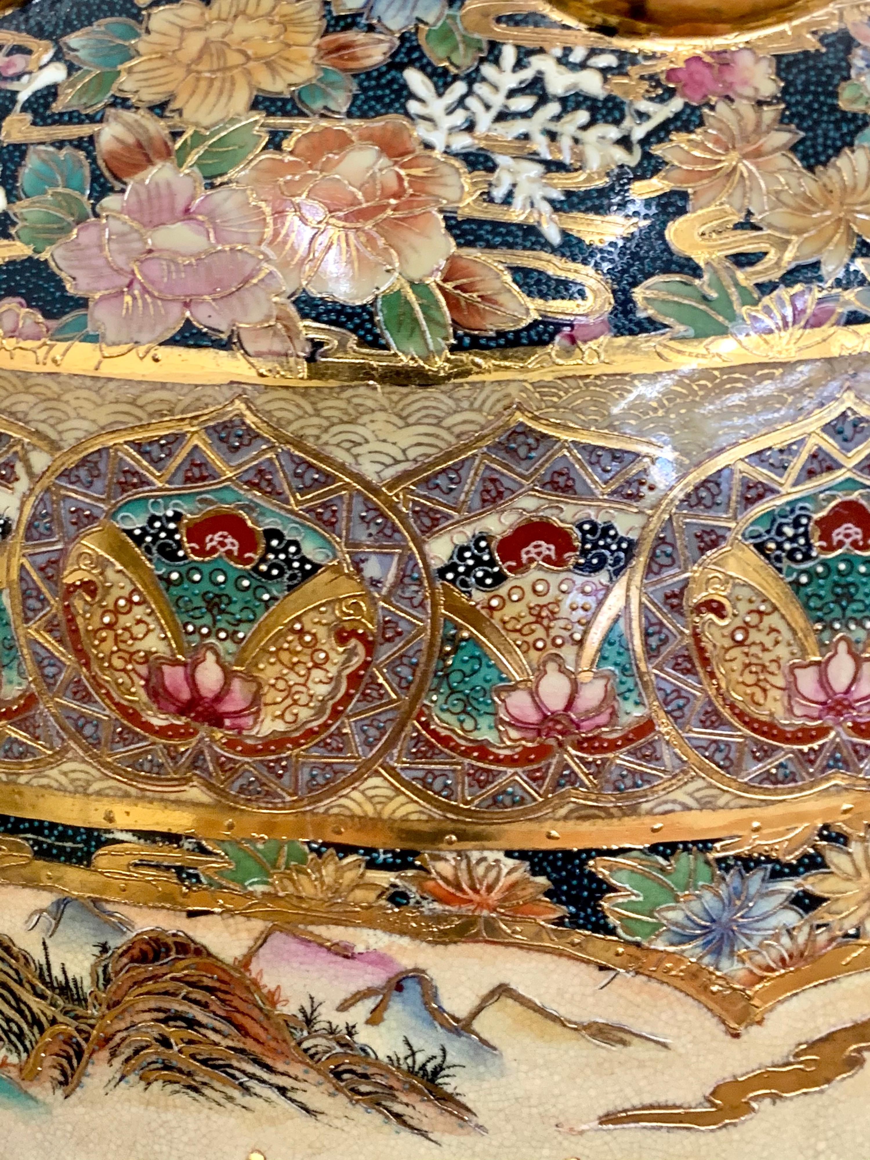 Porcelain Pair of Monumental Japanese Satsuma Hand Painted Vases Urns