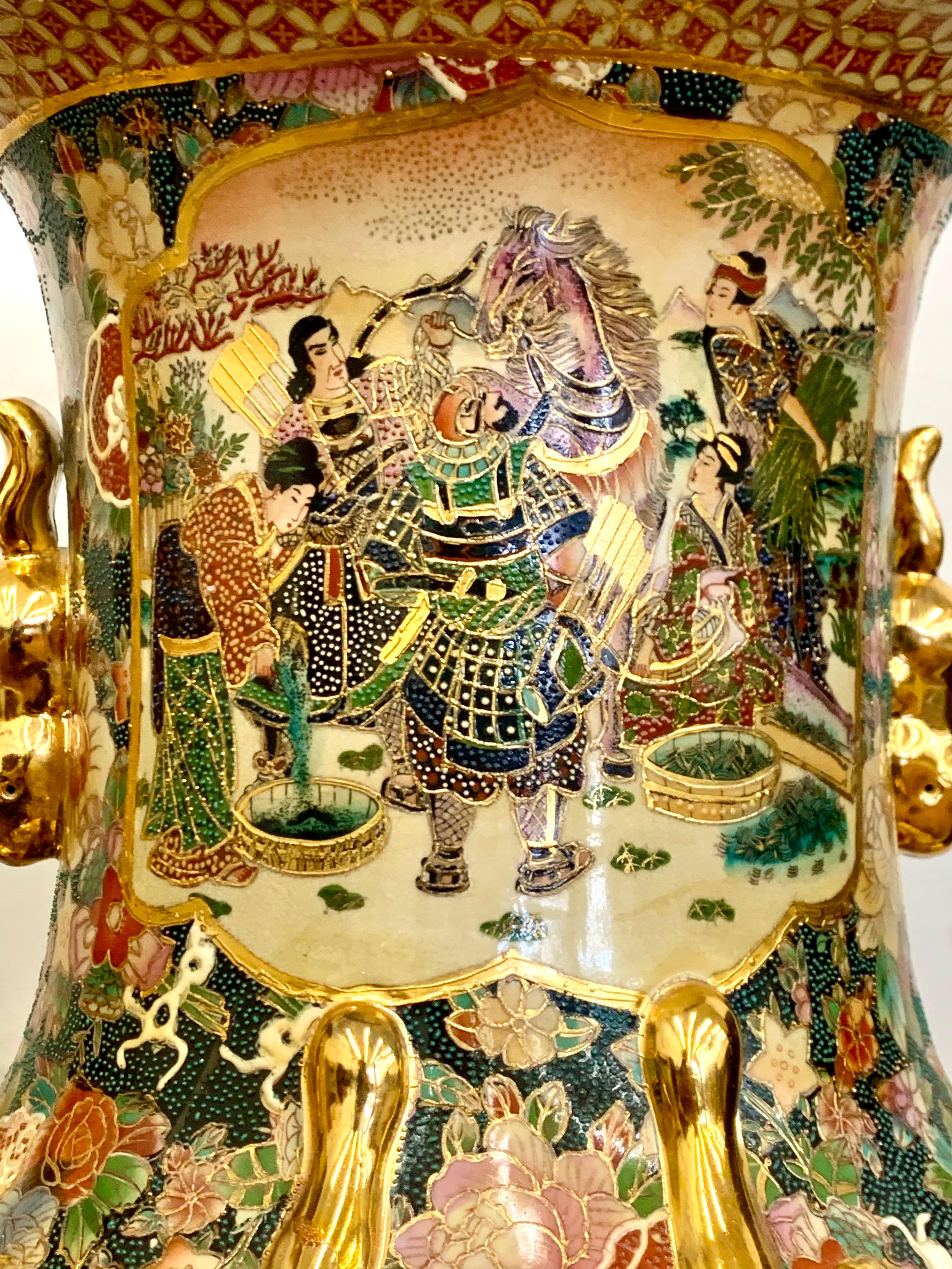 Porcelain Pair of Monumental Japanese Satsuma Hand Painted Vases Urns
