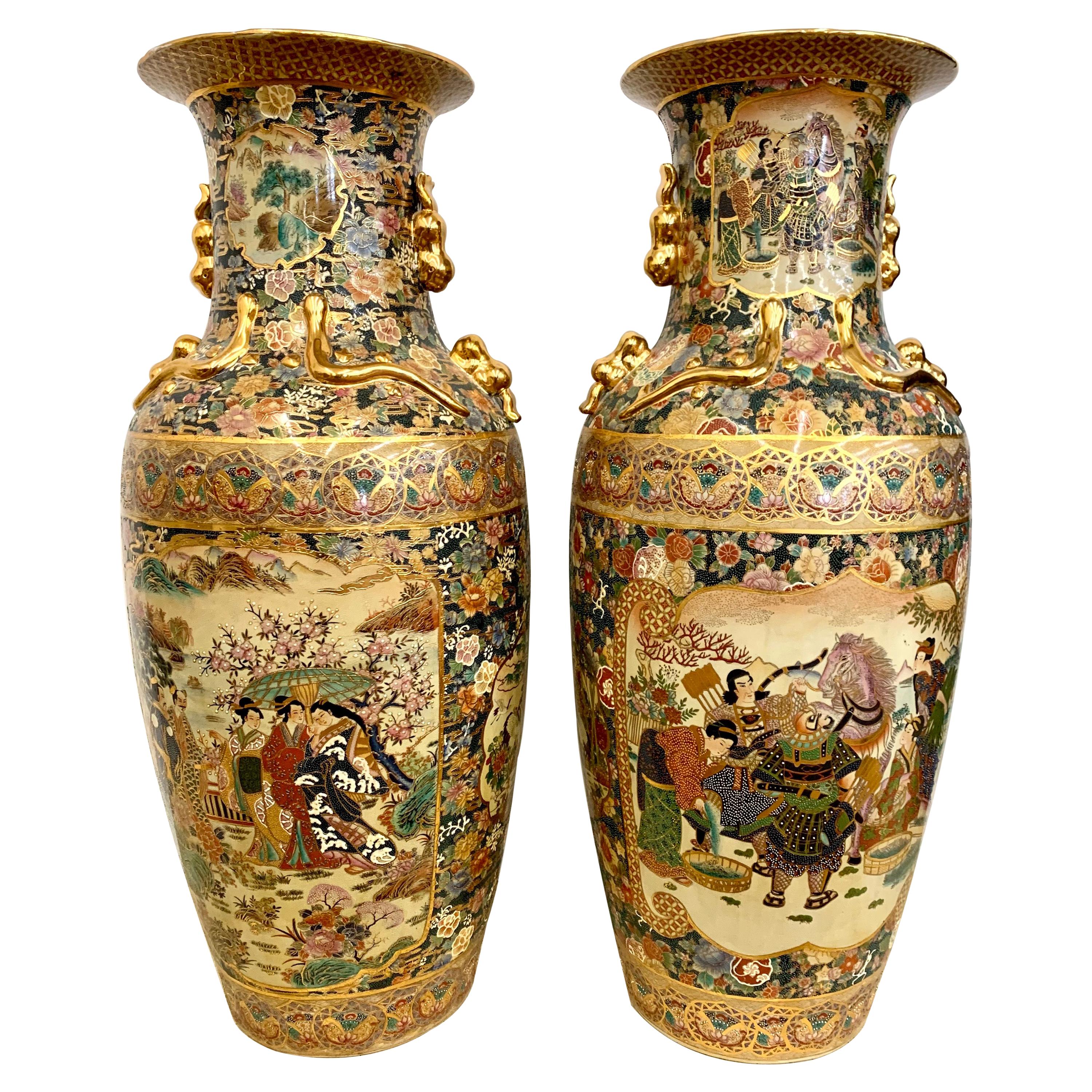Pair of Monumental Japanese Satsuma Hand Painted Vases Urns