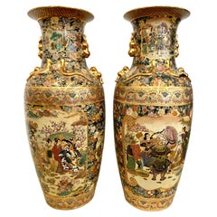 Retro Pair of Monumental Japanese Satsuma Hand Painted Vases Urns