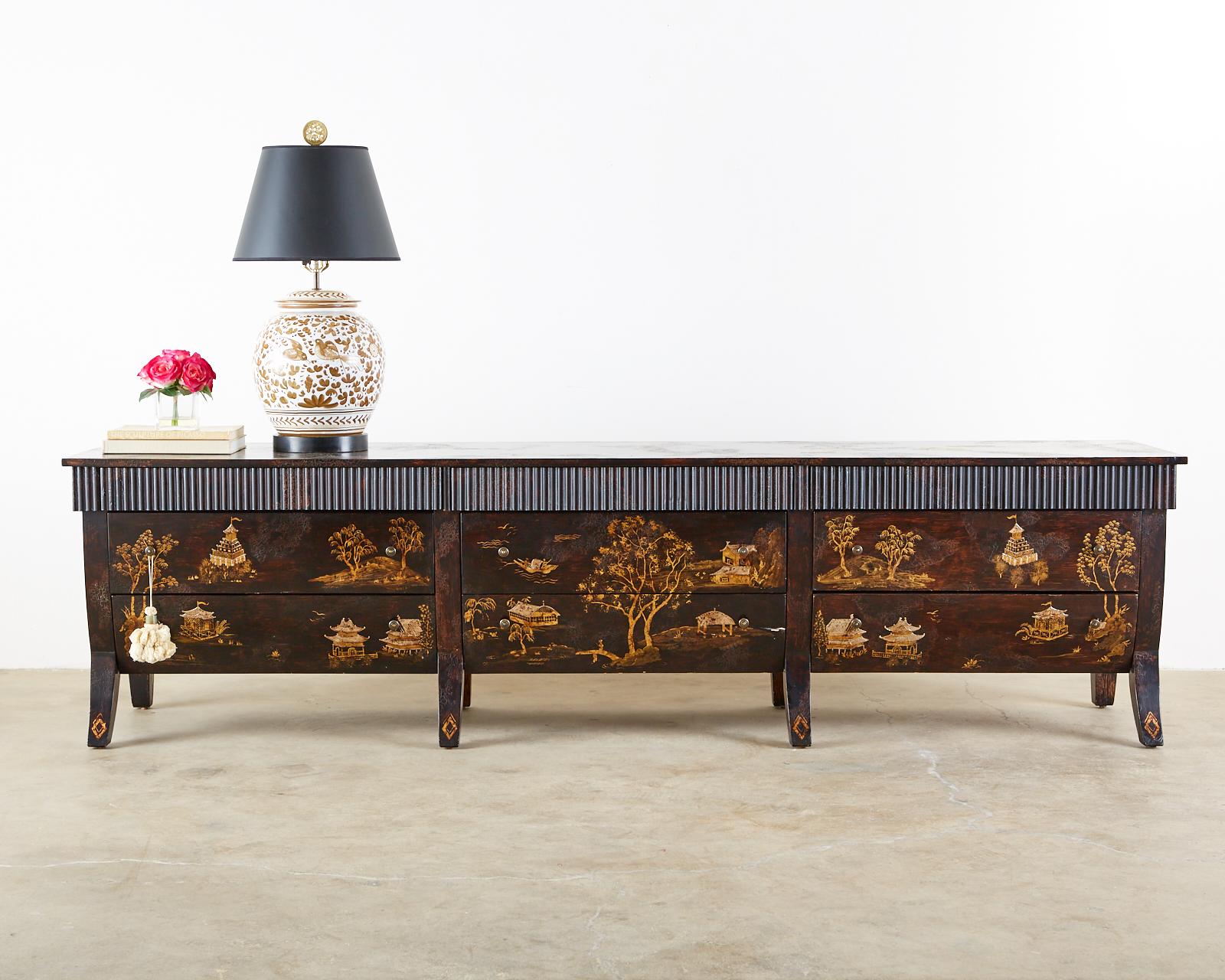 Impressive bespoke monumental dressers or chests of drawers by Rose Tarlow that could also serve as a sideboard or credenza. The chest features a chinoiserie style Japanned case decorated with idyllic Asian motif scenes in a parcel gilt moriage