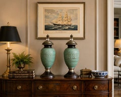 Pair of Monumental John-Richard Verdigris Patinated Art Deco Style Lidded Urns