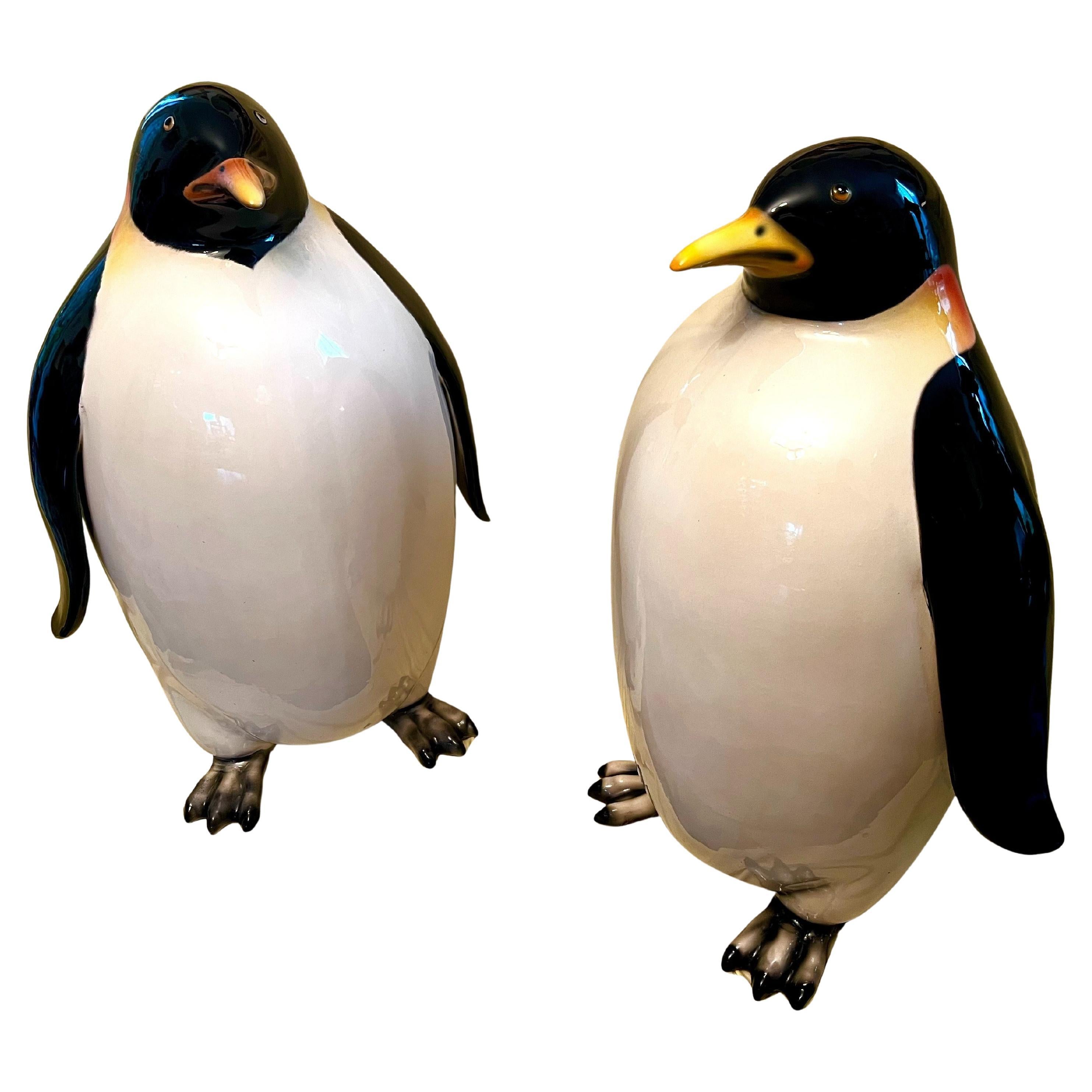 Pair of monumental king penguin animal sculptures, ceramics, design, 1980s Italy