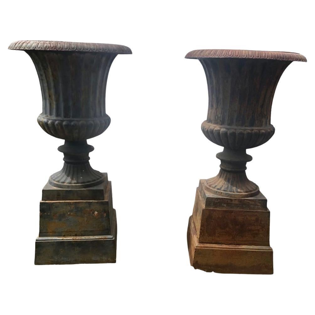 Pair of Monumental Large Cast Iron Garden Urns 53.5"H For Sale
