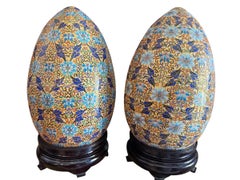 Pair of Monumental Large Chinese Cloisonné Enamel Eggs Gilt Floral Design