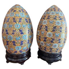 Pair of Monumental Large Chinese Cloisonné Enamel Eggs Gilt Floral Design