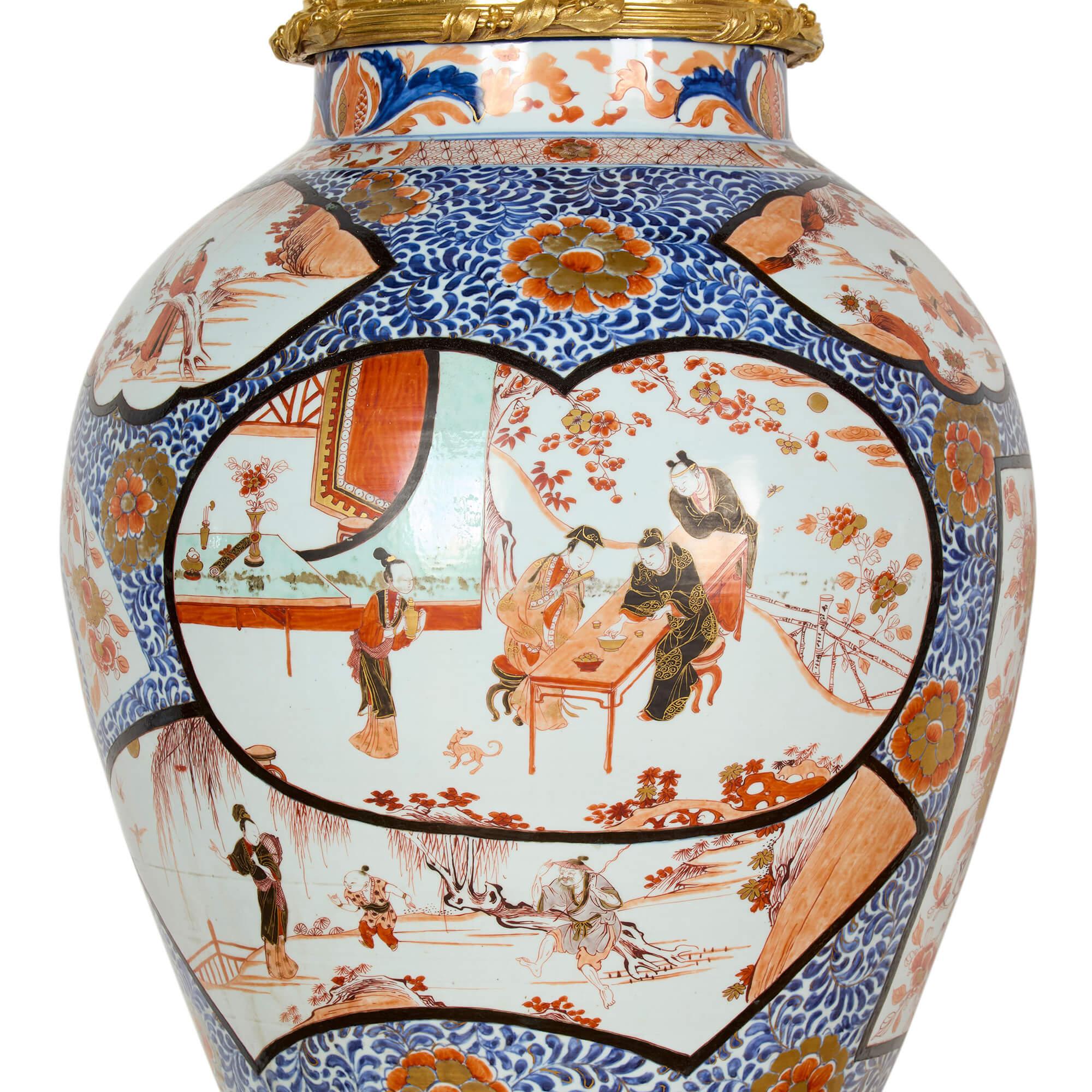 Pair of Monumental Large Japanese French Imari Porcelain Ormolu Candelabra For Sale 5