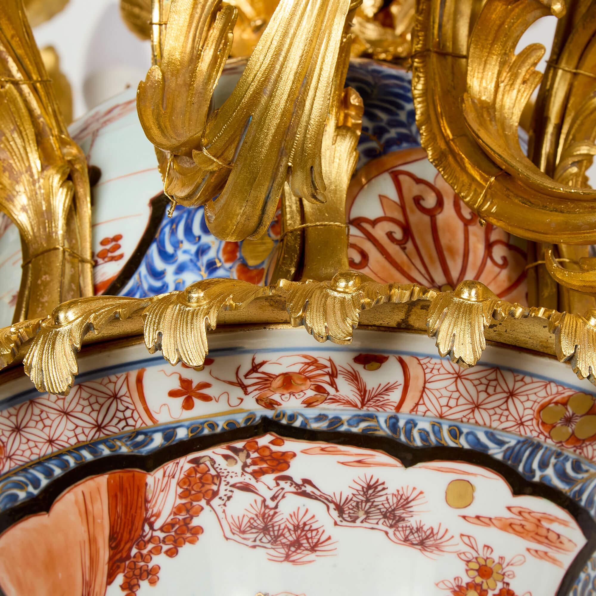 Pair of Monumental Large Japanese French Imari Porcelain Ormolu Candelabra For Sale 12