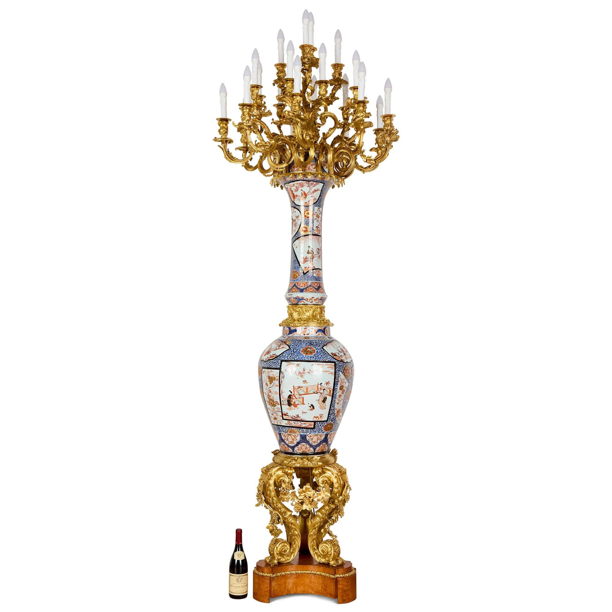 Pair of Monumental Large Japanese French Imari Porcelain Ormolu Candelabra For Sale 14