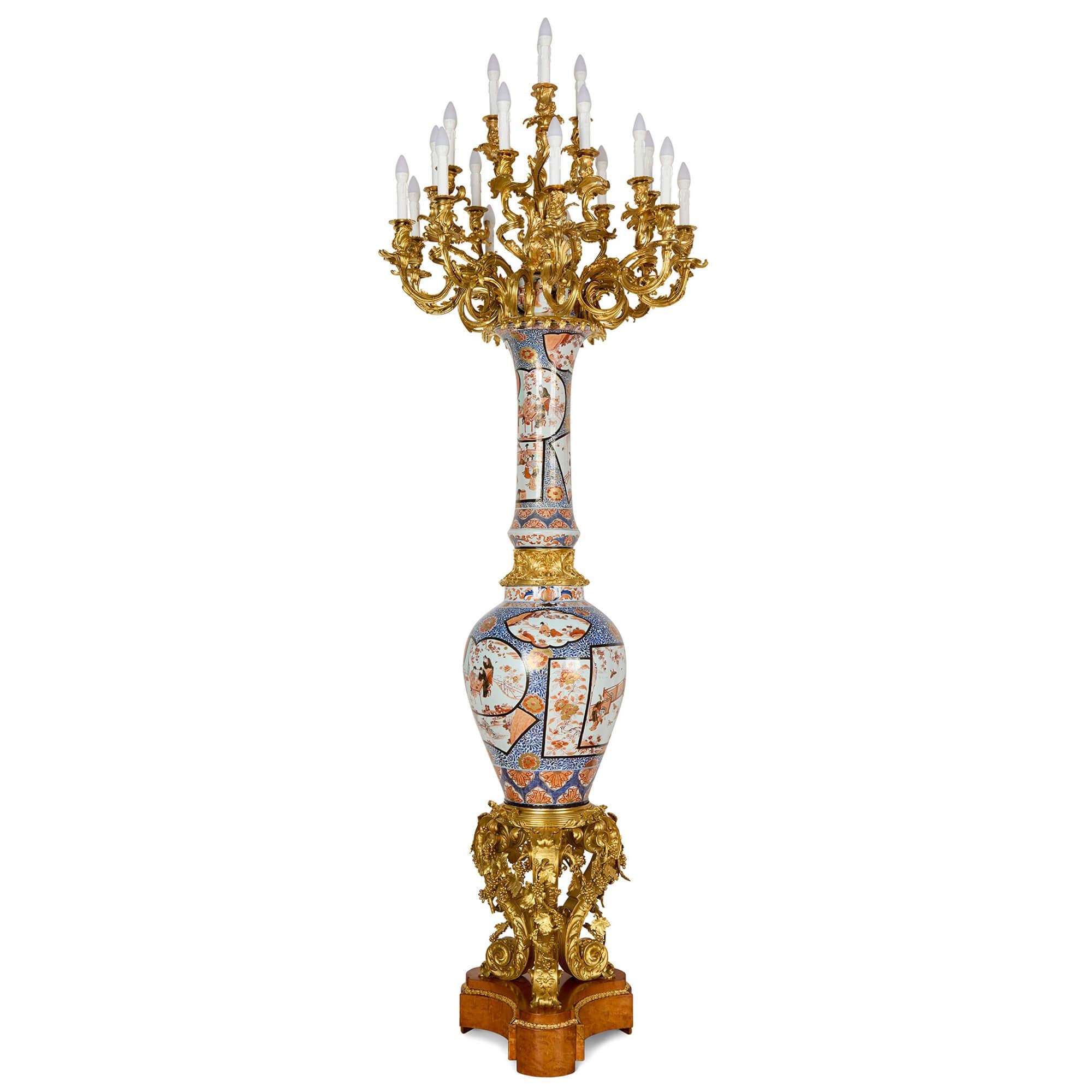 Napoleon III Pair of Monumental Large Japanese French Imari Porcelain Ormolu Candelabra For Sale