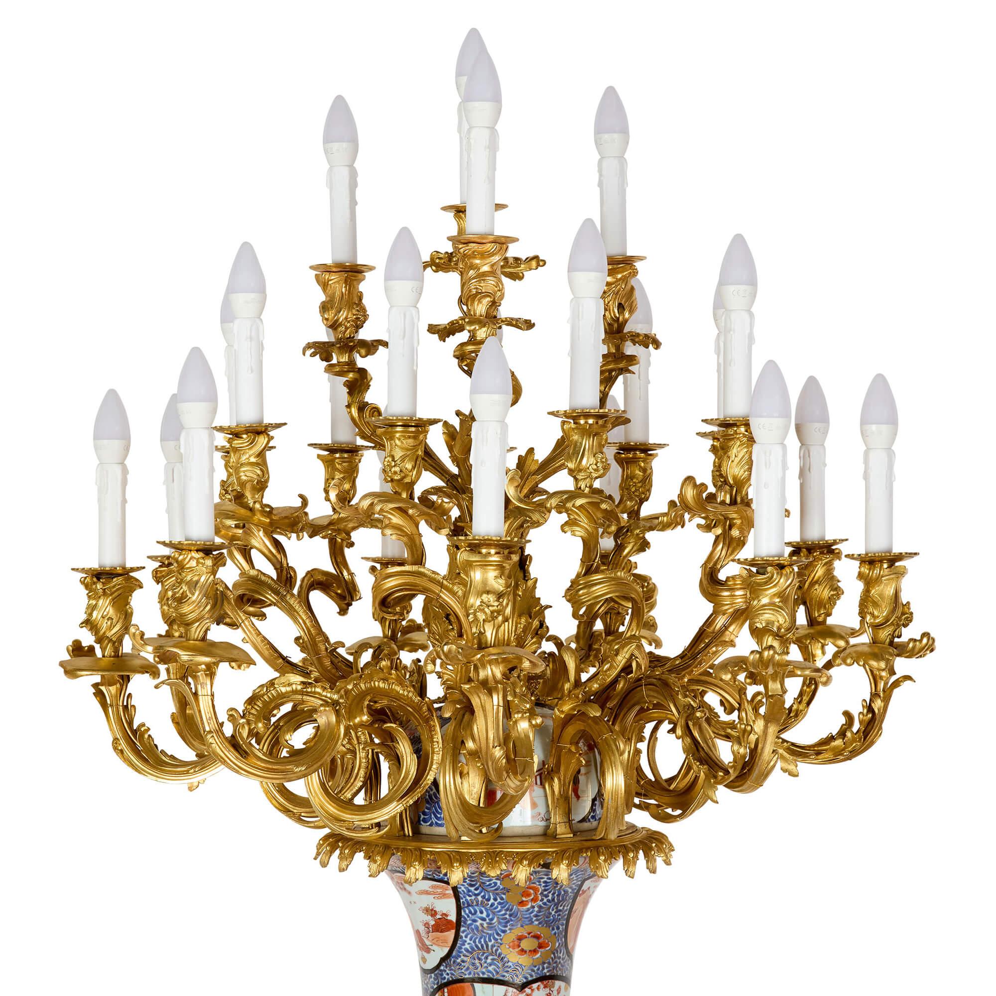 Gilt Pair of Monumental Large Japanese French Imari Porcelain Ormolu Candelabra For Sale