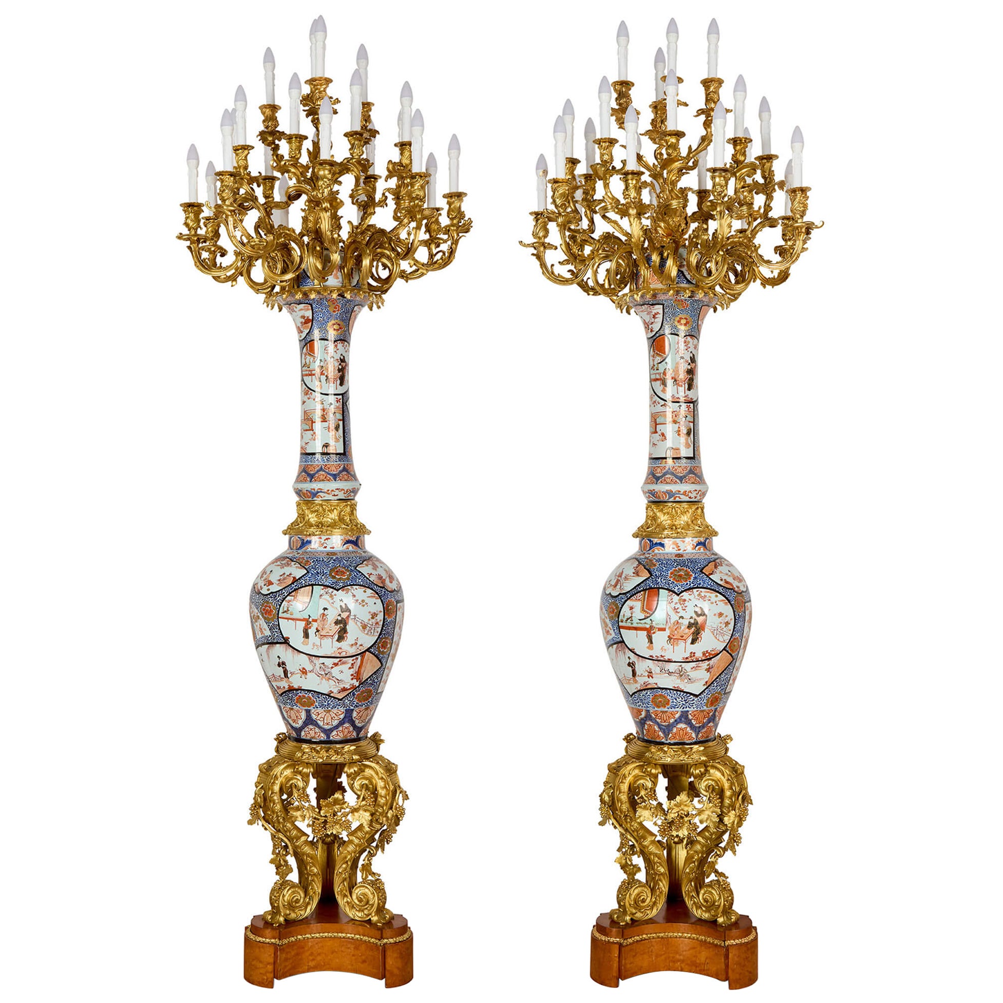 Pair of Monumental Large Japanese French Imari Porcelain Ormolu Candelabra For Sale
