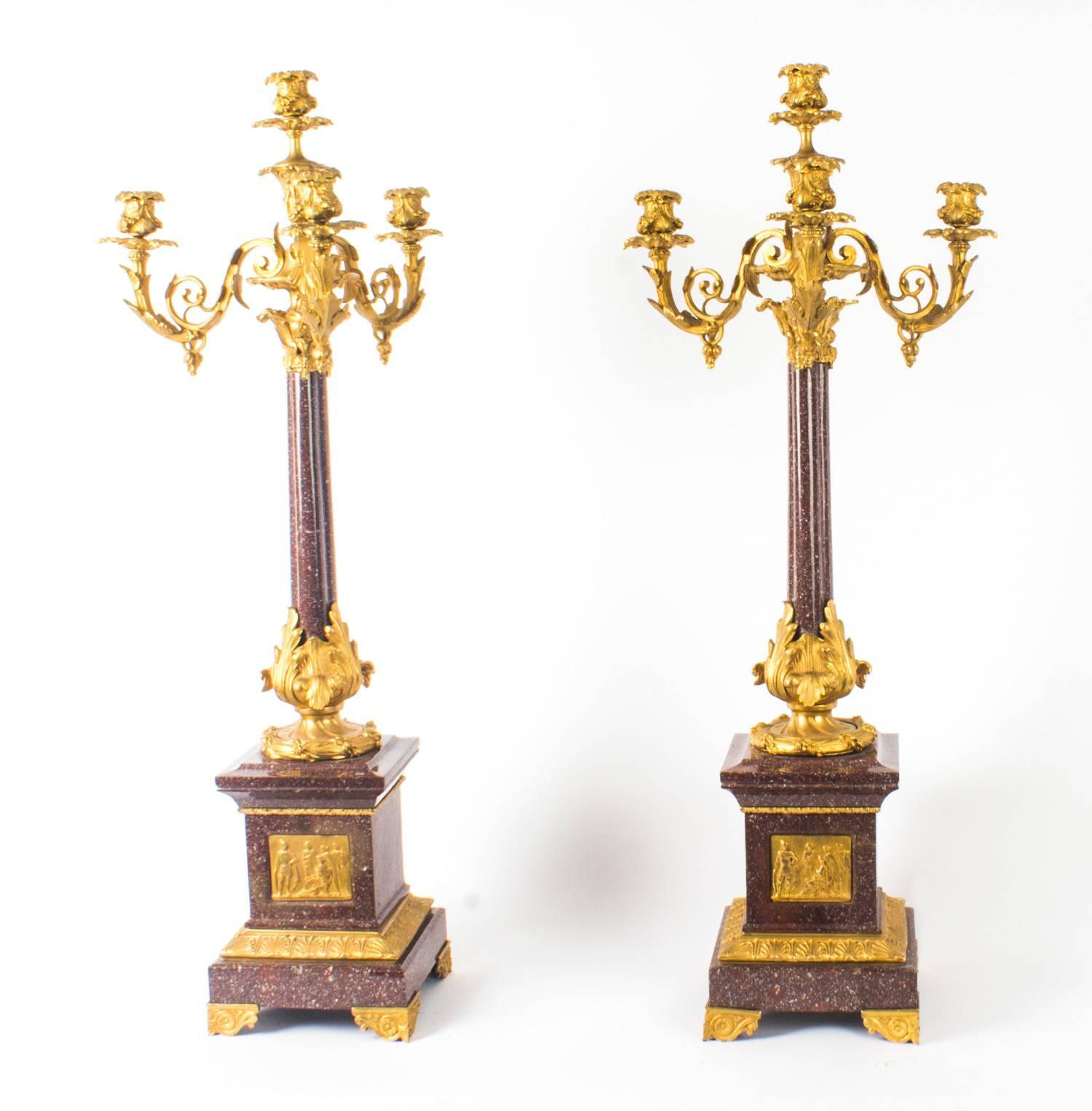 Pair of Monumental Louis Revival Ormolu and Porphyry Candelabra 19th Century In Excellent Condition In London, GB