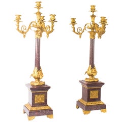 Antique Pair of Monumental Louis Revival Ormolu and Porphyry Candelabra 19th Century