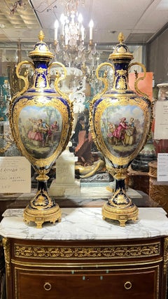 Pair of Monumental Louis XVI Sevres Style Ormolu Mounted Porcelain Vases - 48 in
