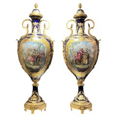 Pair of Monumental Louis XVI Sevres Style Ormolu Mounted Porcelain Vases - 48 in