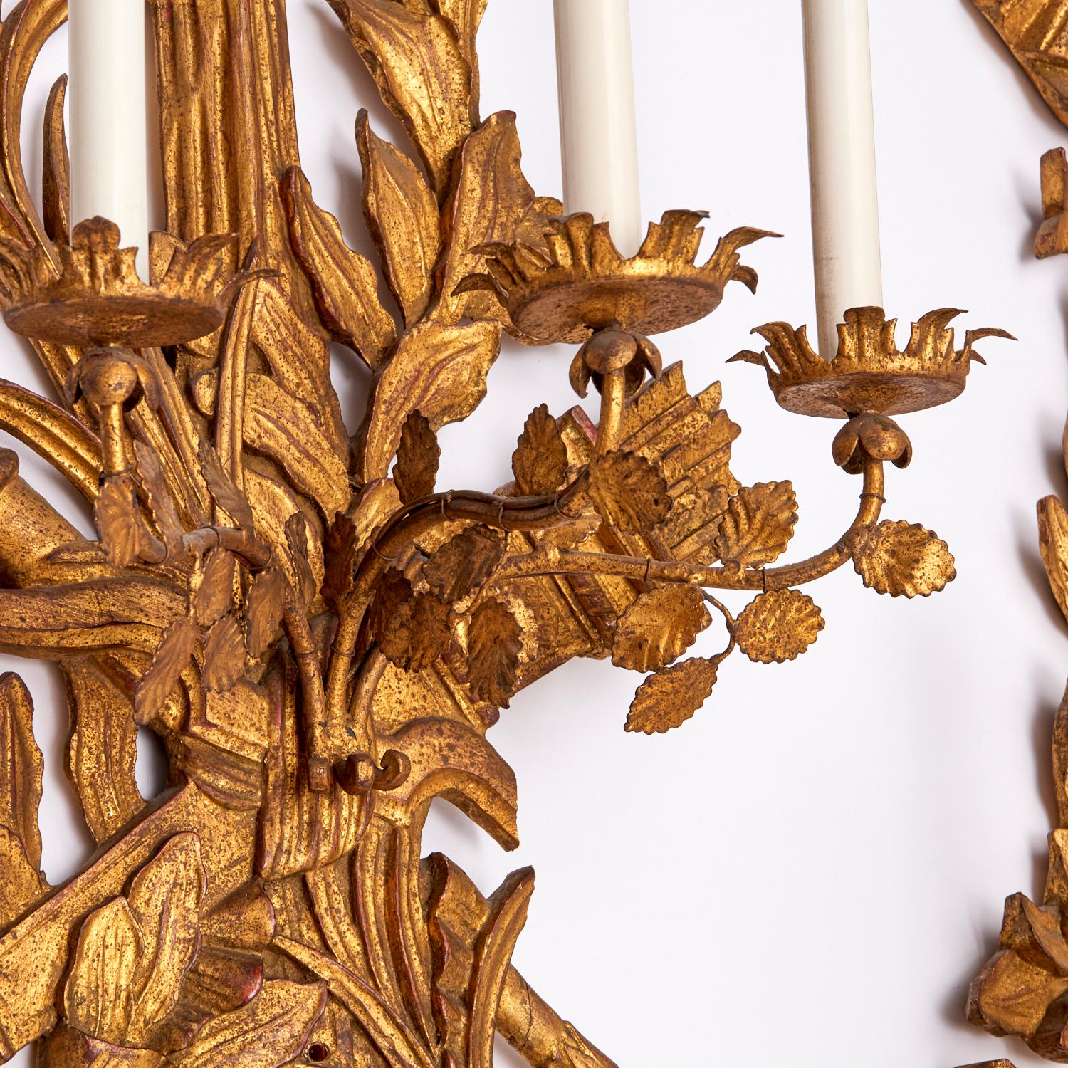 Pareja de Monumentales Apliques de Pared de Madera Tallada y Dorada Estilo Luis XVI, S. XX Hierro en venta