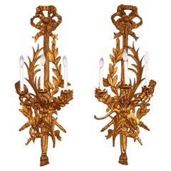 Pair of Monumental Louis XVI Style Carved and Giltwood Wall Sconces, 20th C.