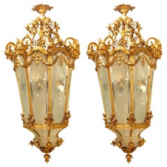 Pair of Monumental Louis XVI Style Doré Bronze Large Rams Head Lanterns