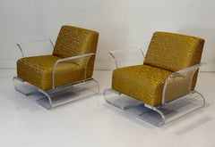 Pair of Monumental Lucite Lounge Chairs, 1980s, Reupholstered