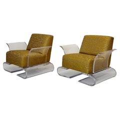 Pair of Monumental Lucite Lounge Chairs, 1980s, Reupholstered