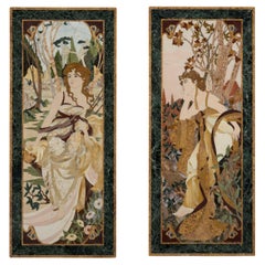 Pair of Monumental Marble Inlaid Panels Depicting the Times of Day by Mucha