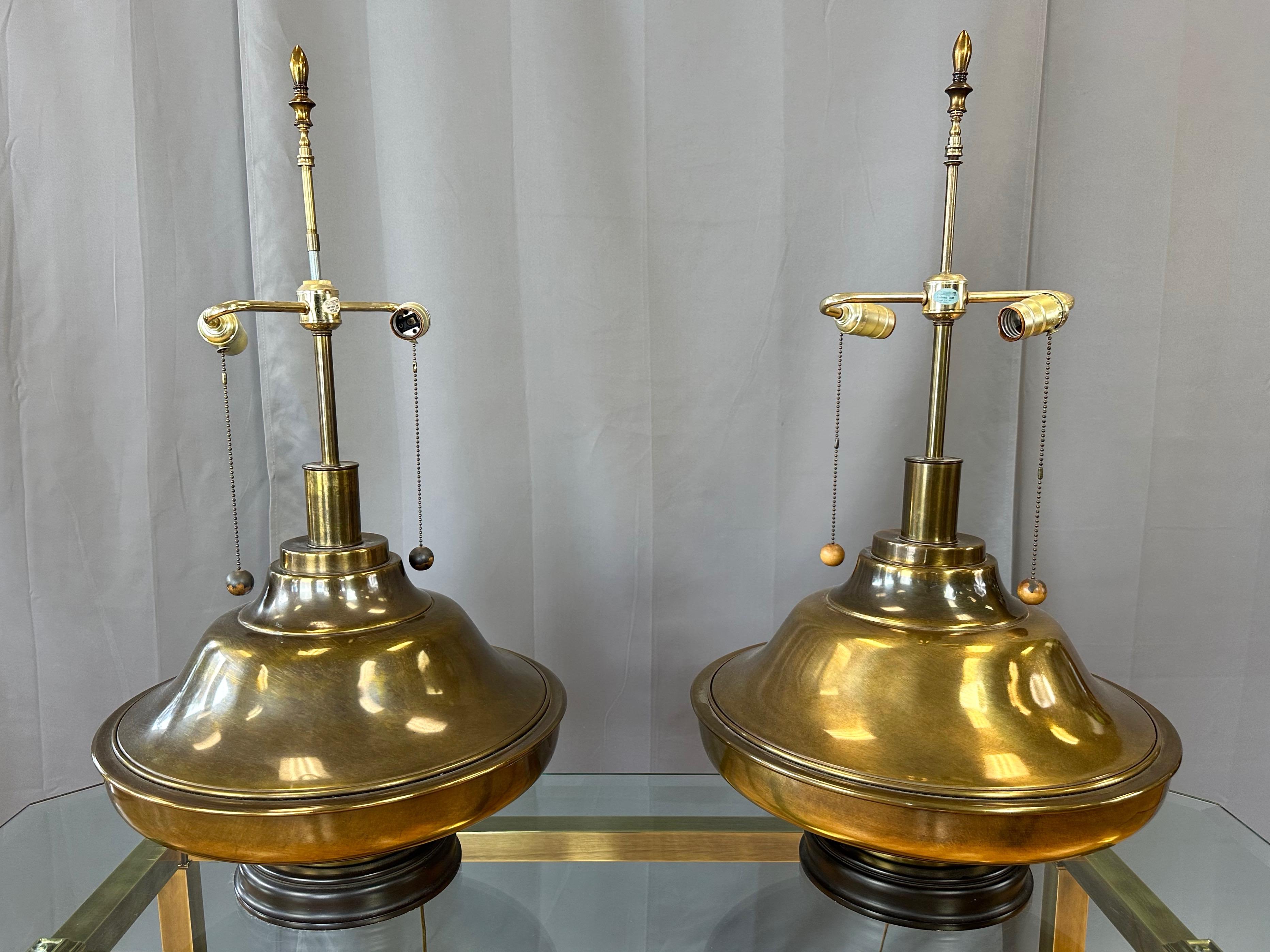 Pair of Monumental Marbro-Style Antiqued Brass Table Lamps with Shades, 1960s For Sale 3