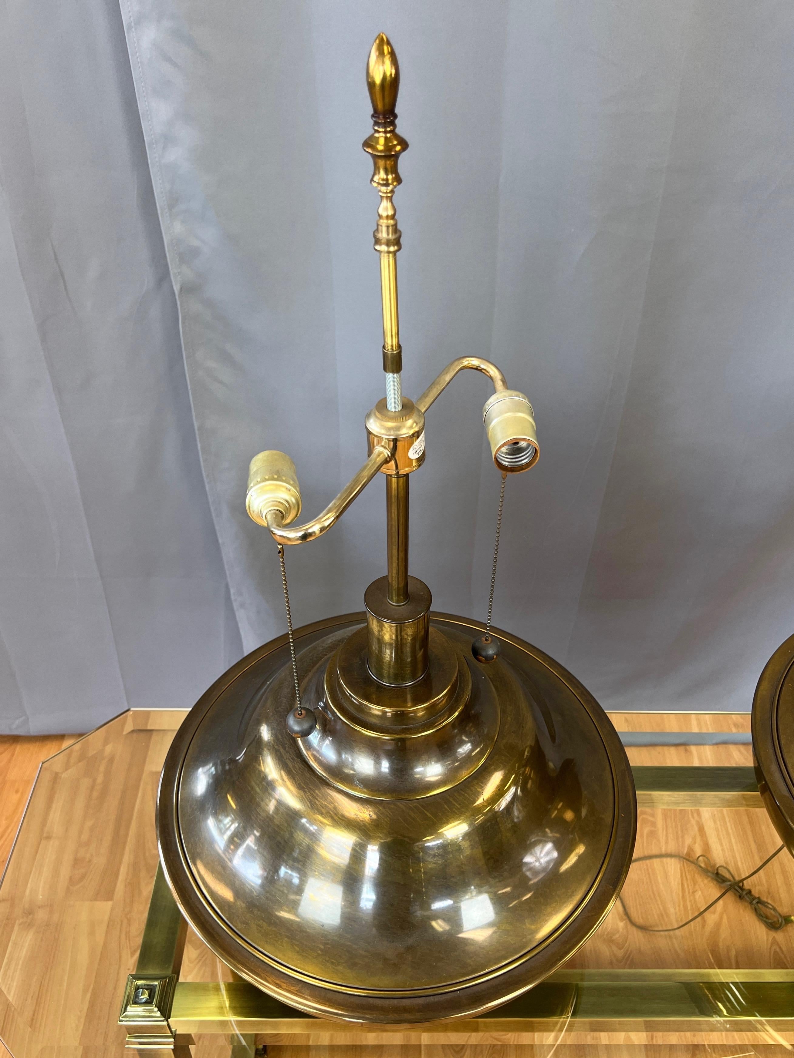 Pair of Monumental Marbro-Style Antiqued Brass Table Lamps with Shades, 1960s For Sale 4
