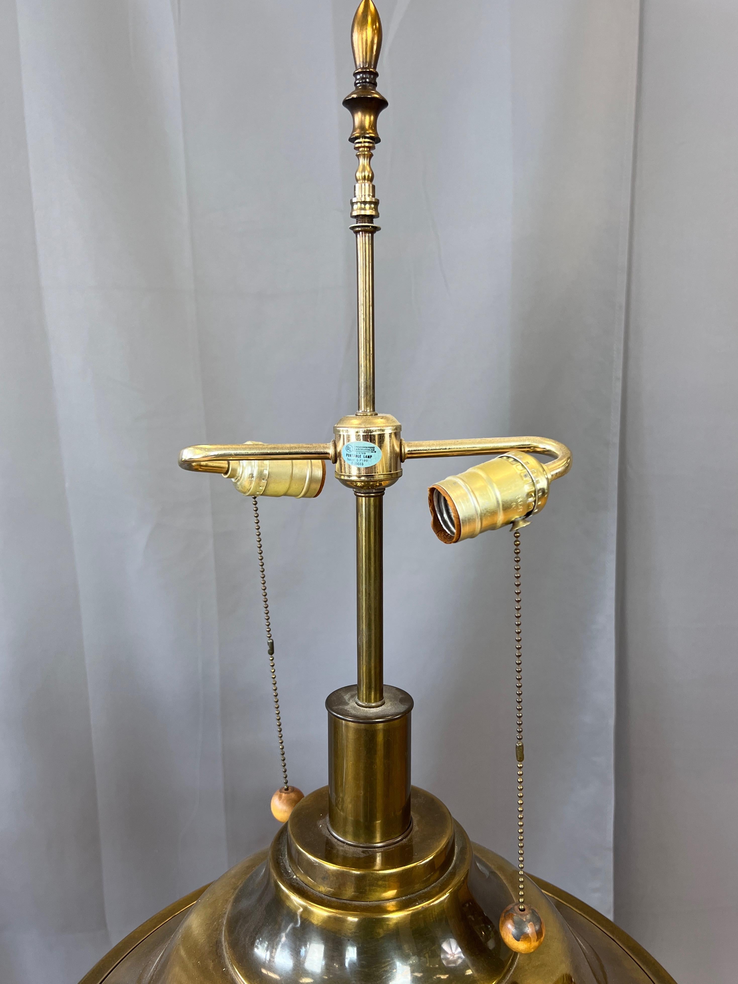Pair of Monumental Marbro-Style Antiqued Brass Table Lamps with Shades, 1960s For Sale 9