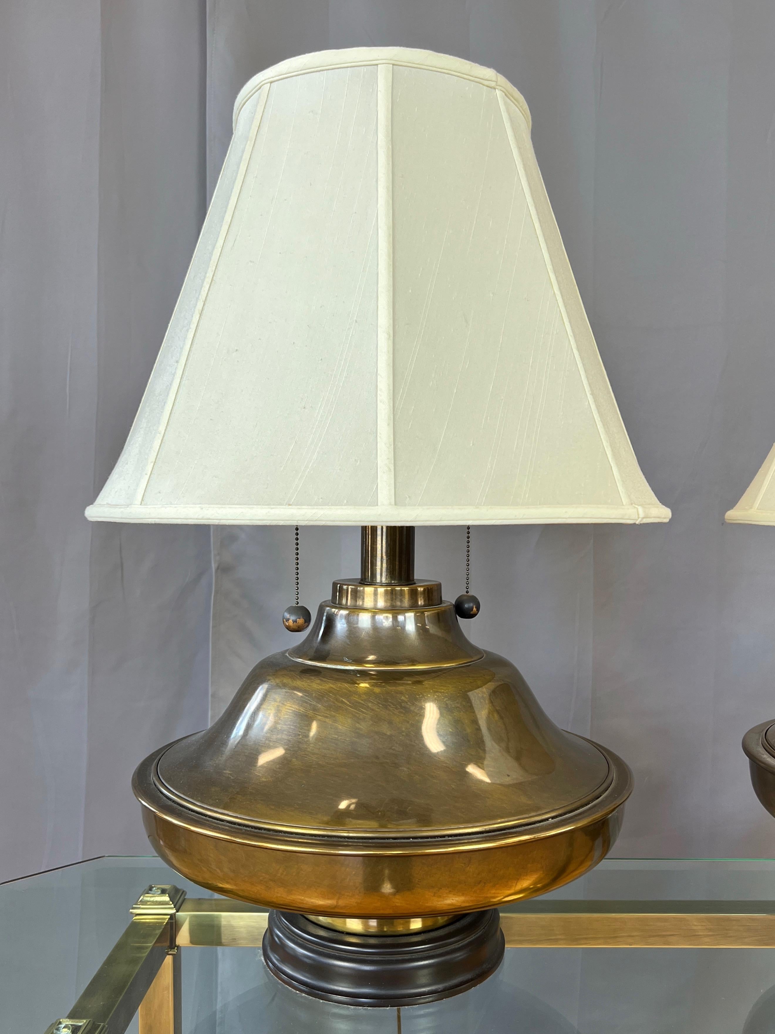 Hollywood Regency Pair of Monumental Marbro-Style Antiqued Brass Table Lamps with Shades, 1960s For Sale