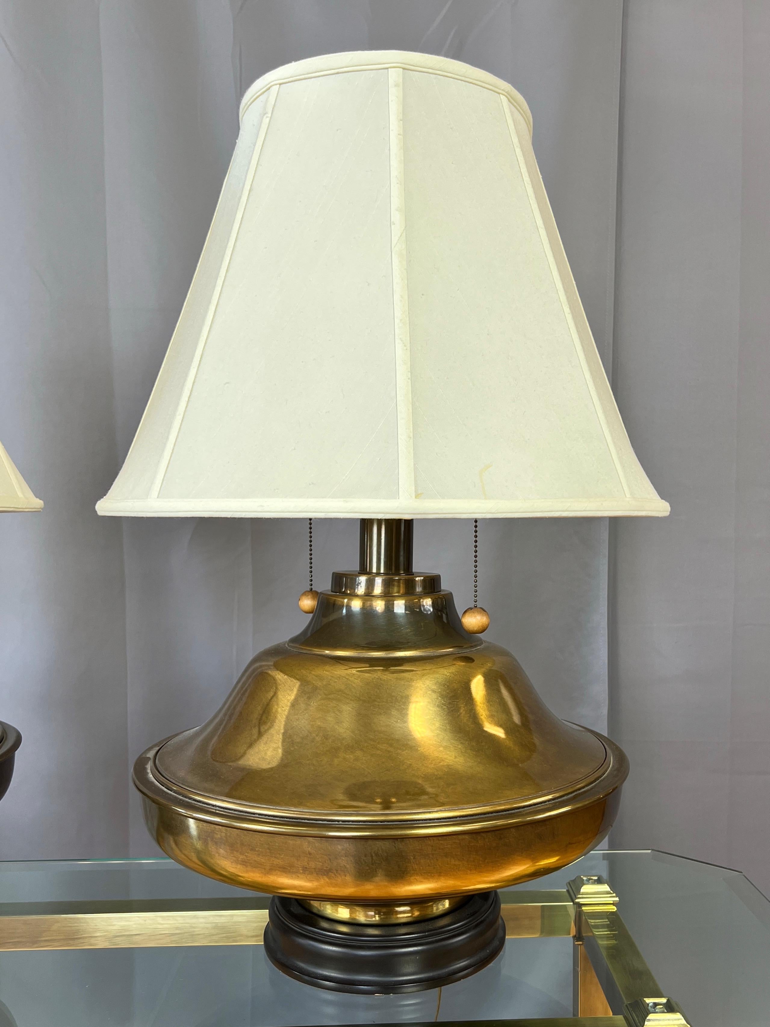 Pair of Monumental Marbro-Style Antiqued Brass Table Lamps with Shades, 1960s In Good Condition For Sale In San Francisco, CA