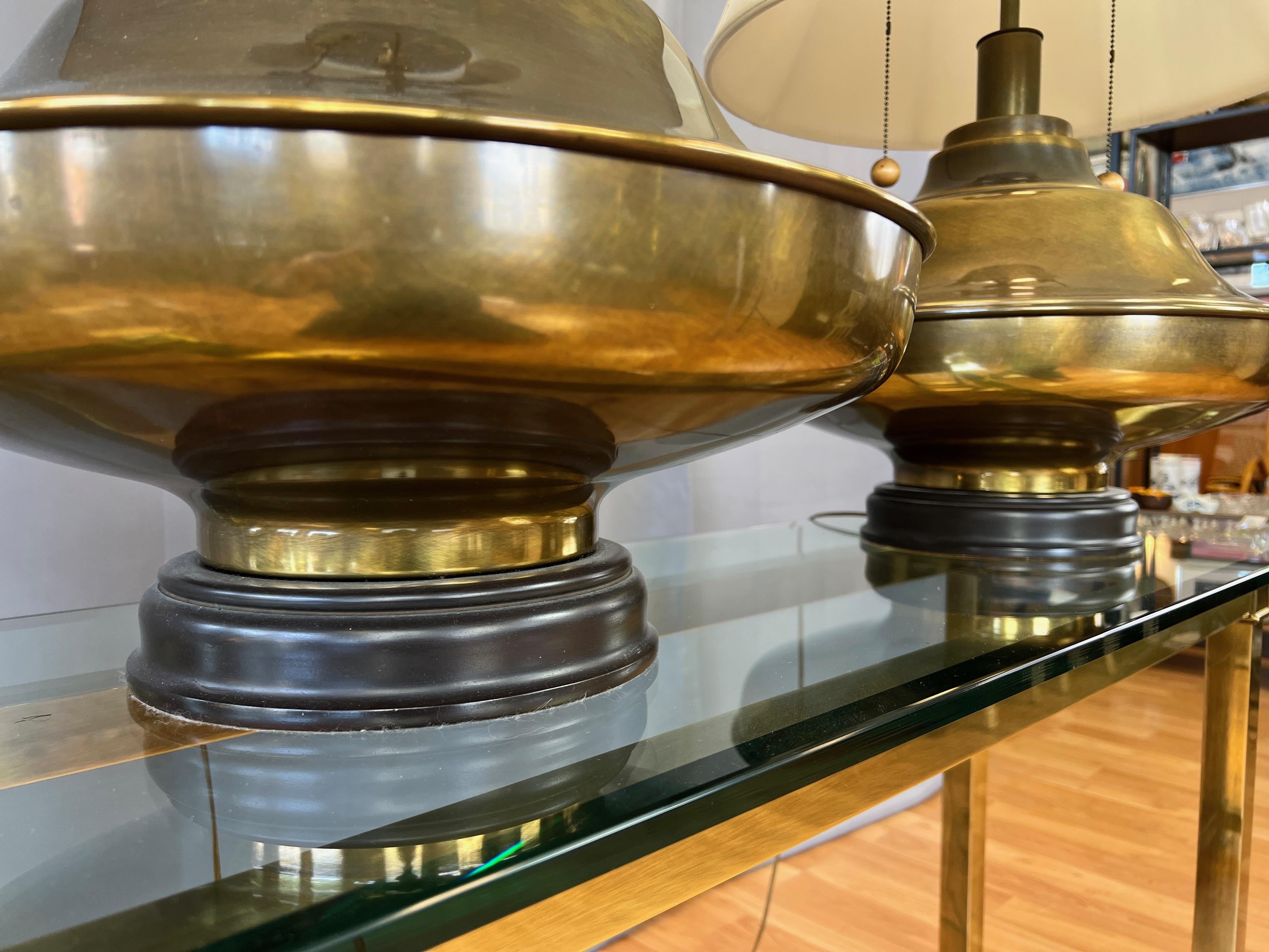 Pair of Monumental Marbro-Style Antiqued Brass Table Lamps with Shades, 1960s For Sale 1