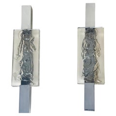 Pair of Monumental Mid-Century Modern Chrome & Cast Glass Relief Wall Scones