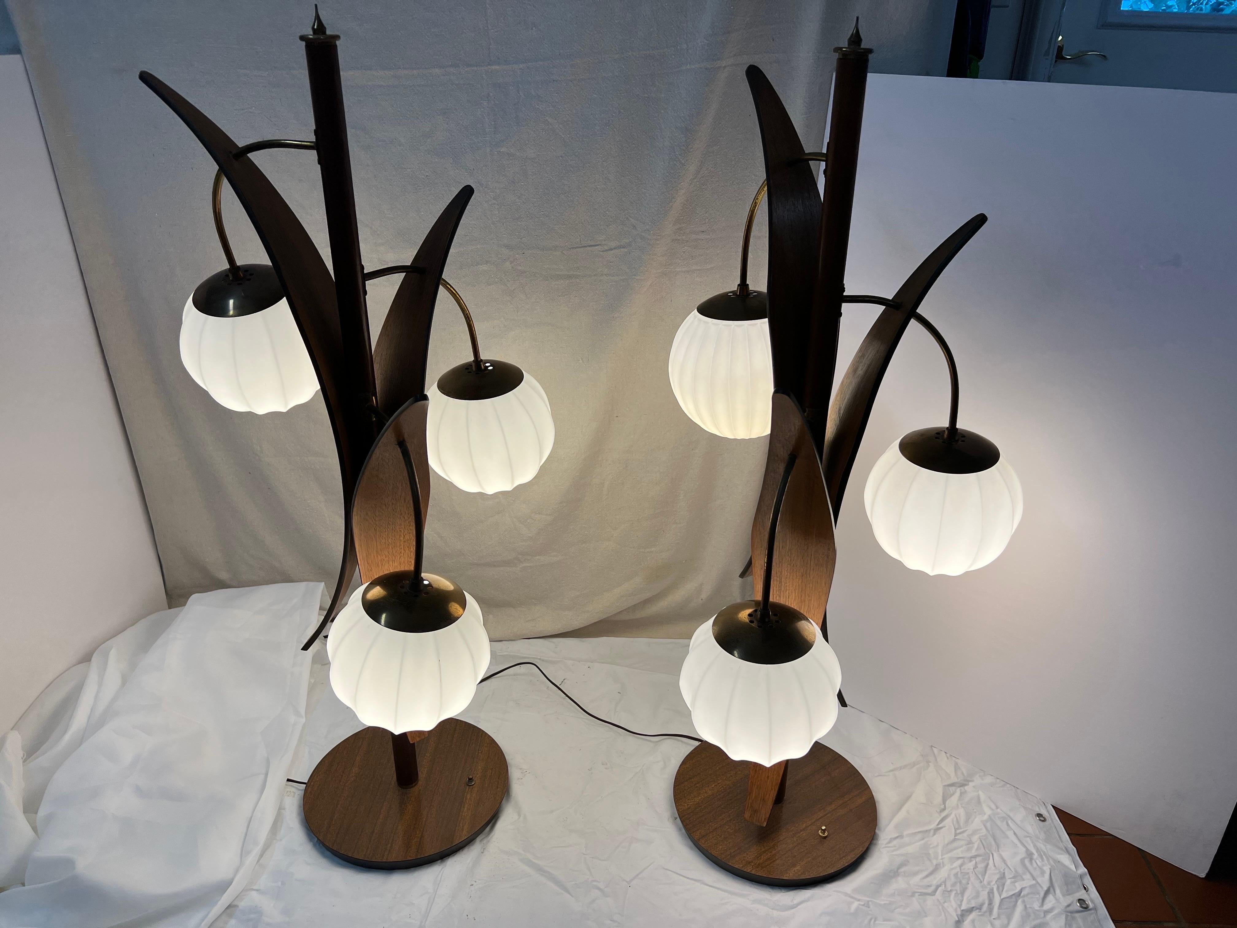 Pair of Monumental Mid Century Teak Table Lamps In Good Condition In Redding, CT