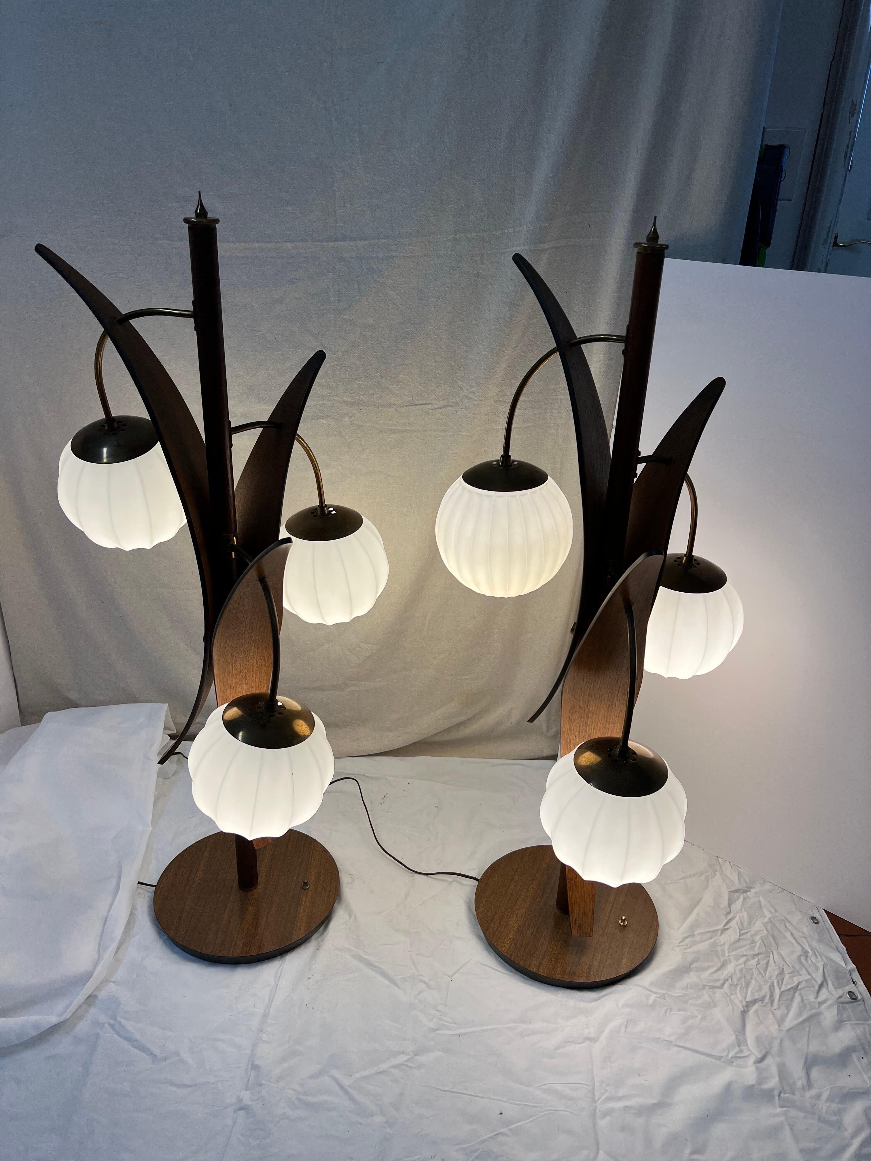 Metal Pair of Monumental Mid Century Teak Table Lamps