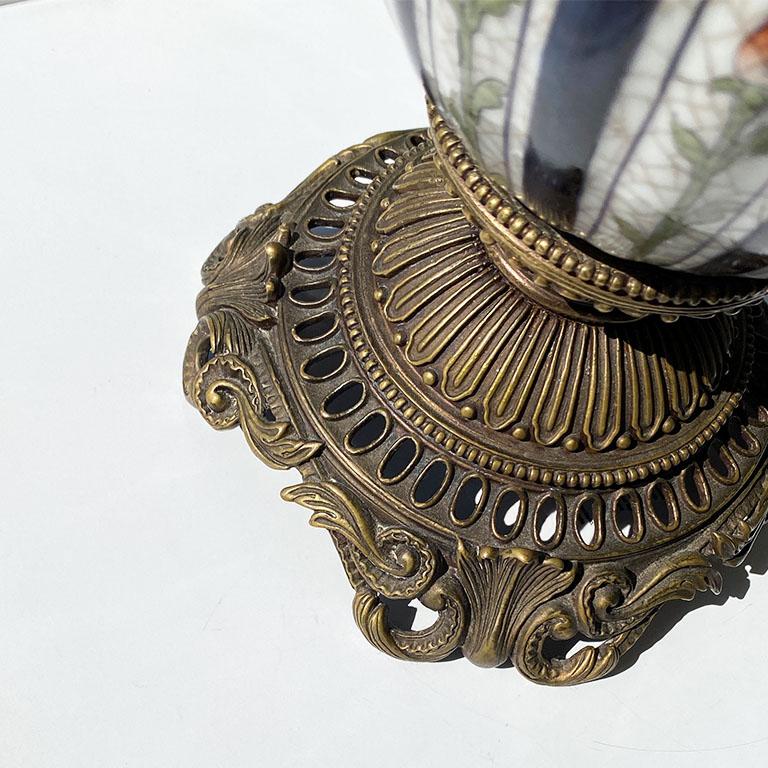 Pair of Hand-Painted Italian Faience Urns with Gilt Bronze Bases - Signed In Good Condition For Sale In Oklahoma City, OK
